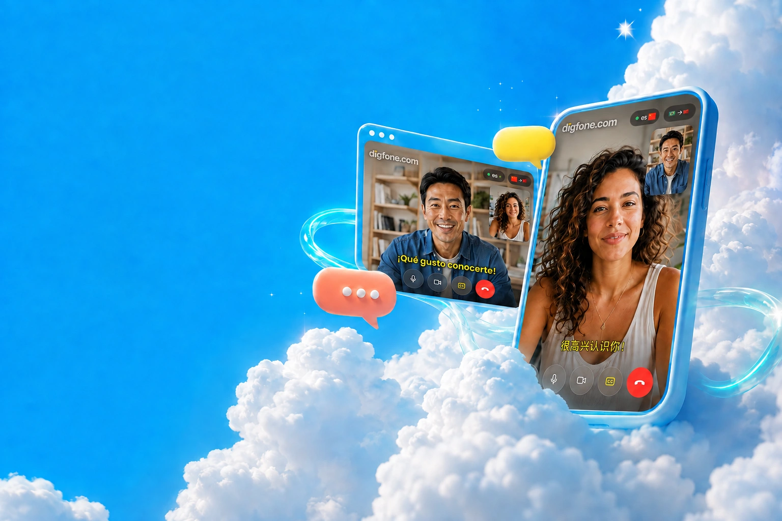 La interfaz de Digfone en dos dispositivos entre nubes, con subtítulos traducidos, miniaturas y controles de llamada
