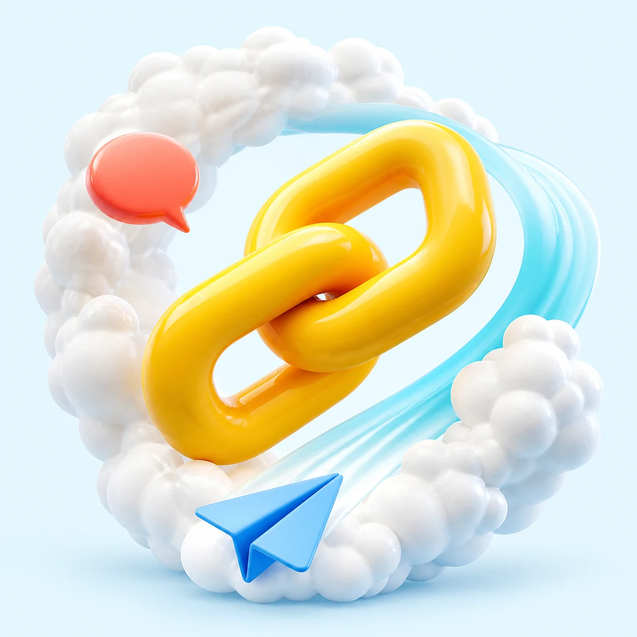 Two yellow links pass through a cloud with a blue paper plane