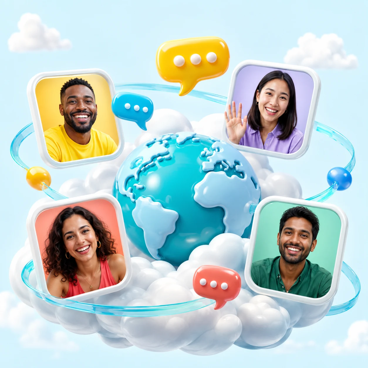 Four callers around a blue globe, connected through clouds and speech bubbles